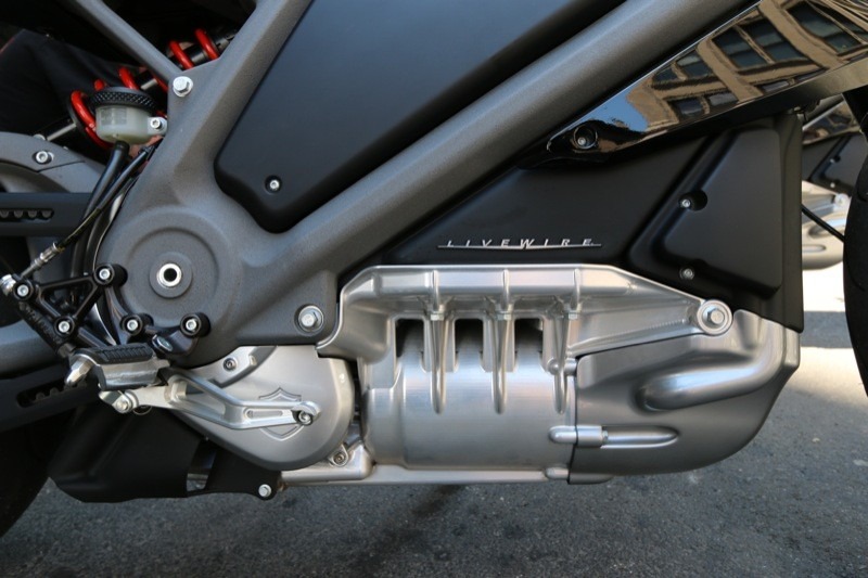 The LiveWire motor, with the batteries stacked above it, is on prominent display